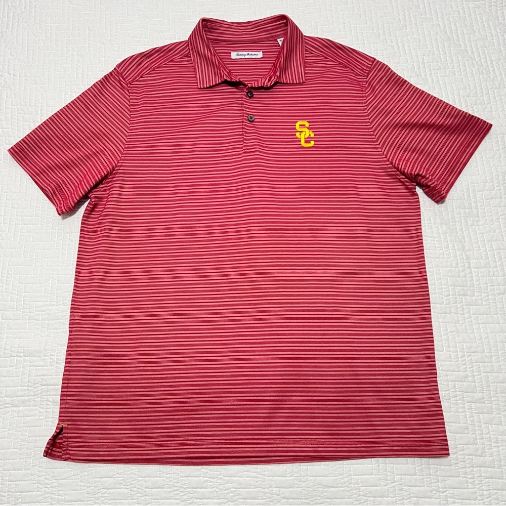 TOMMY BAHAMA USC Southern California Pima Cotton Blend Red Striped Polo Shirt